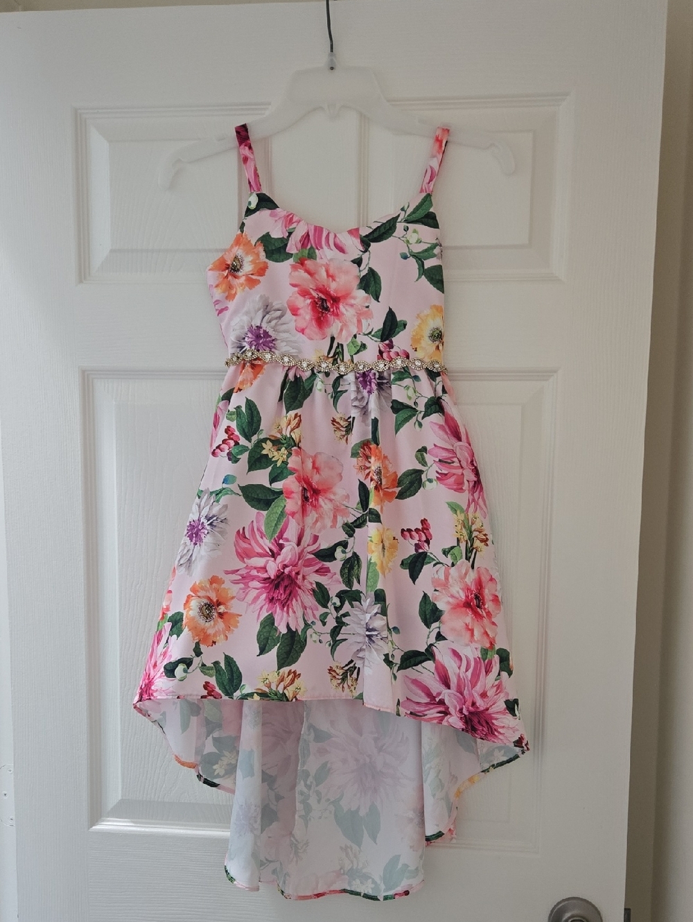 Rare Editions Pink Floral High-Low Dress with Spaghetti Straps